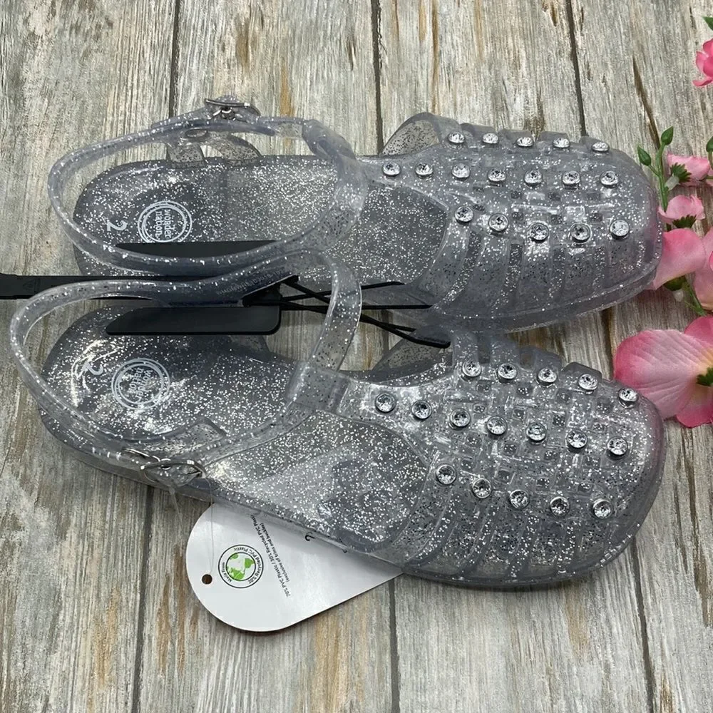 Little Girl's Crystal Jelly Silver Glitter Studded Sandals Shoes Size 2